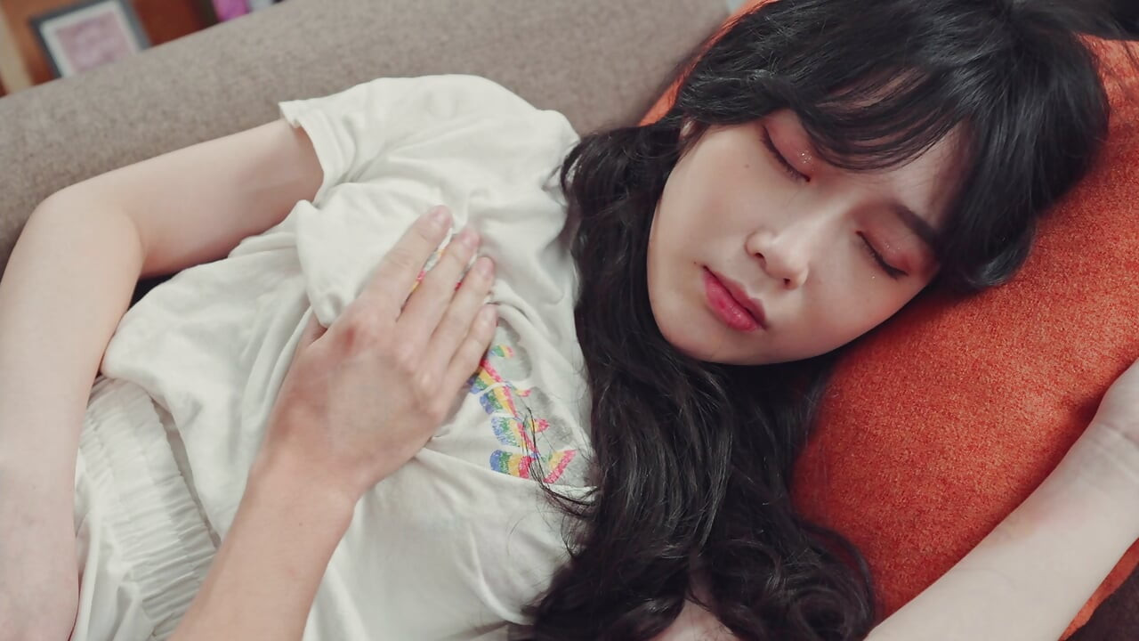 Brother caresses stepsister on the pussy